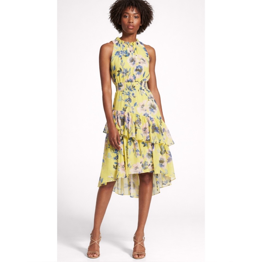 ELIZA J | Floral Asymmetric Tiered Midi Dress in Citrus Yellow, Size 6